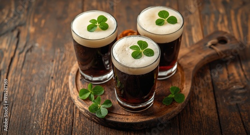 Set of three stout beer glasses with creamy foam and clover leaves on rustic aged wooden board