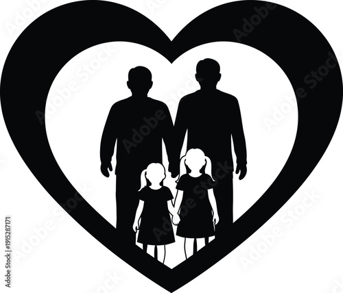 A heartwarming silhouette of a family standing together inside a large heart shape.