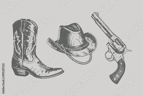Wild West collection set cowboy hat, boots, gun, hat, cap in vintage engraving style. hand drawn western element. eps 10