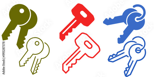 Keys thin line and glyph solid vector icon set isolated on transparent background.