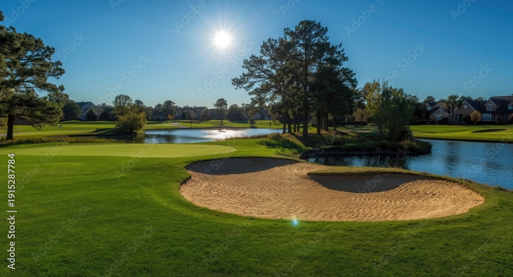 Obraz premium Overhead photograph of a suburban golf course containing sand bunker and water hazard