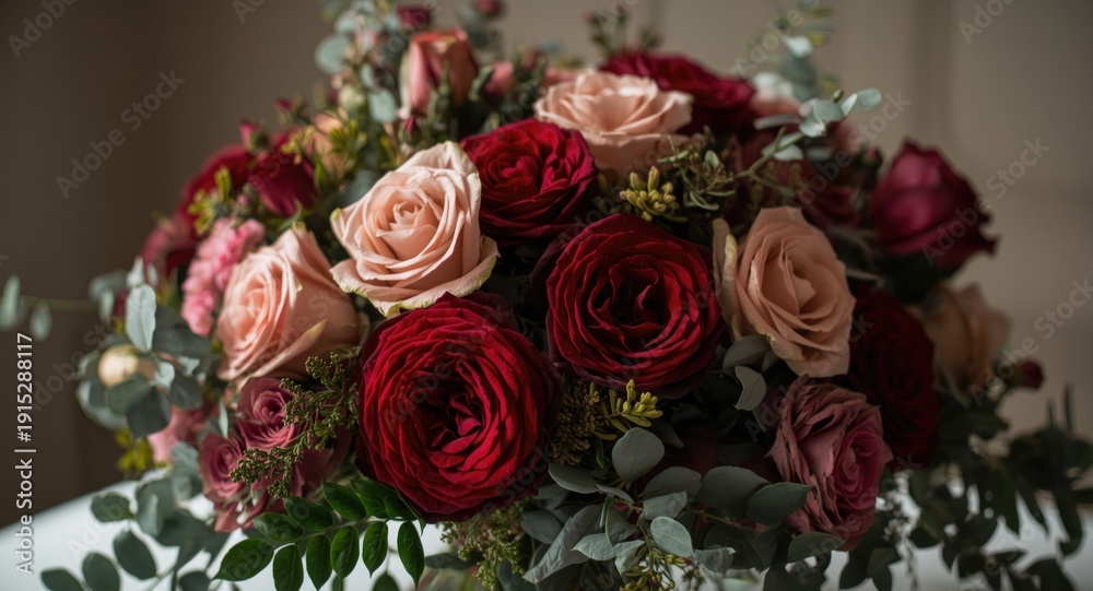 Obraz premium Richly hued roses and carnations bouquet highlighted with fresh greenery in an elegant arrangement