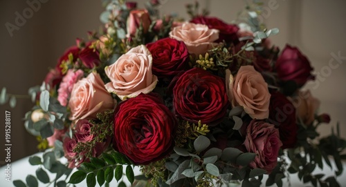 Richly hued roses and carnations bouquet highlighted with fresh greenery in an elegant arrangement