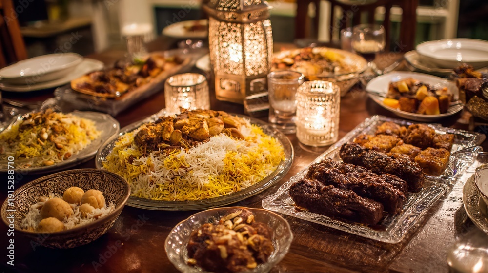 Fototapeta premium Family gathered around a festive Eid dinner table with biryani, kebabs, and traditional sweets under warm cozy lighting 
