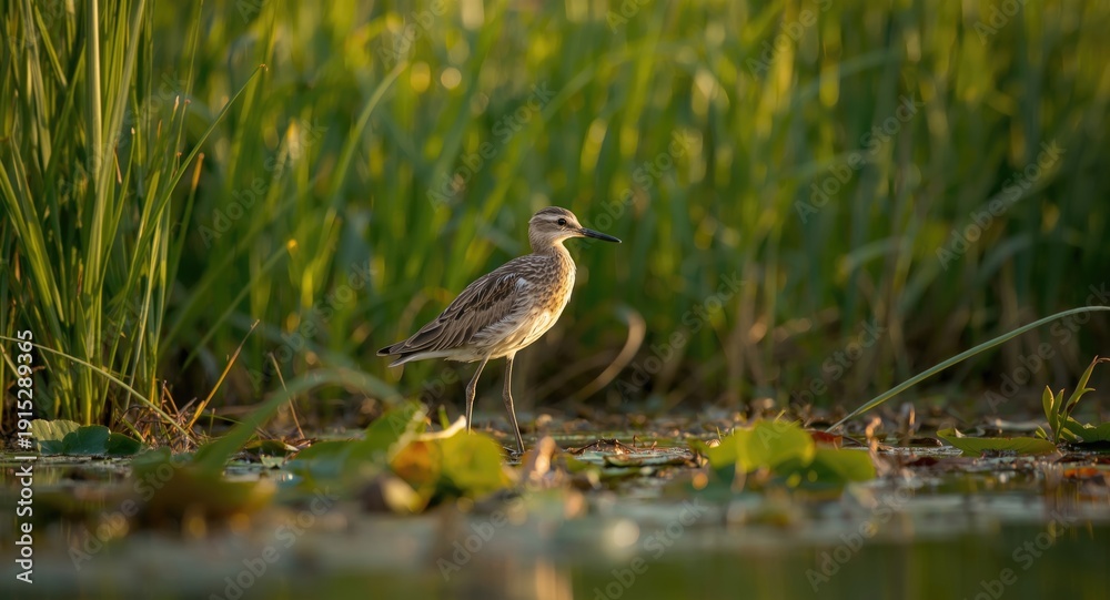 Fototapeta premium Peaceful shorebird standing tall in lush marshland at dawn
