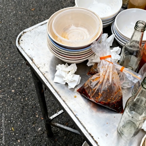 Leftover food bowls and condiment bottles on a local restaurant table after eating.