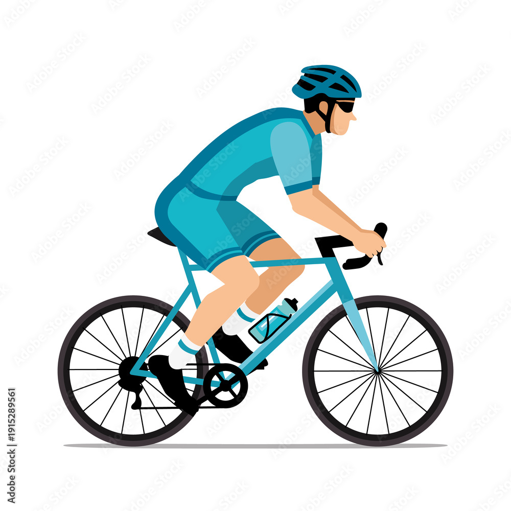 Fototapeta premium Cyclist with helmet and sunglasses riding a bicycle in cycling shorts and jersey. Blue flat design. Hand drawn illustration. 