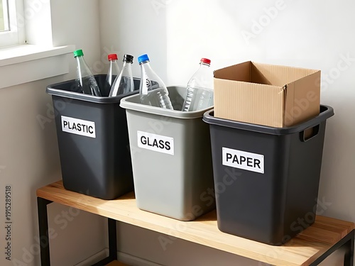 Waste separation bins for plastic, glass, and paper on a balcony with city background.