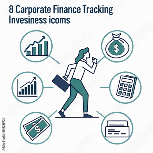 Corporate finance tracking set with businesswoman and financial symbols money