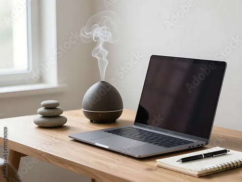 Cozy remote work setup with an aroma humidifier, notebook, and zen stones on table.