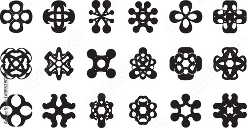 Collection of black and white molecular structure icons set