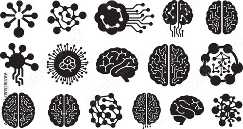 Black and white brain and virus illustrations collection set