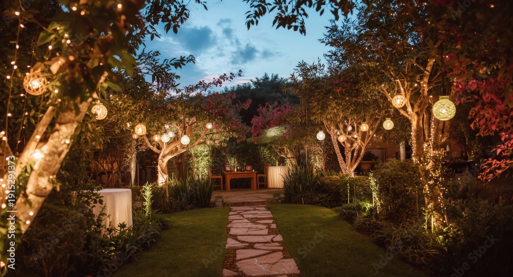 Fototapeta premium Romantic garden party with vibrant string lights draped on tree during festive evening