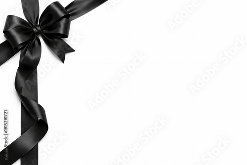 Black bow on a white background, postcard, empty space for text, holiday, gift, layout, banner, advertising, photo background, template, close-up