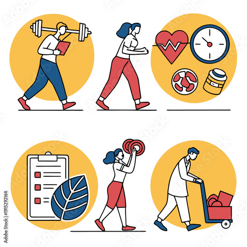 Employee wellbeing set of six people exercising healthy habits exercise wellness