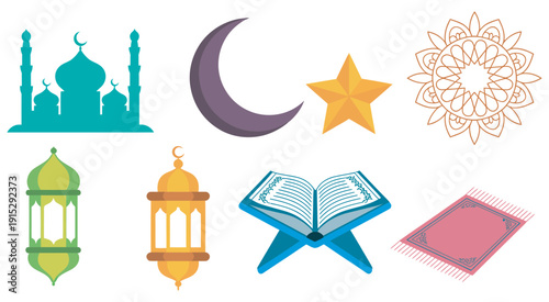 Islamic symbols collection, colorful vector icons, cultural and religious celebration, Eid and Ramadan decorations, crescent star and mosque illustration set