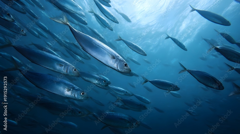 Obraz premium A dynamic school of silver fish swims in unison through the clear blue ocean water sunlight filtering from above