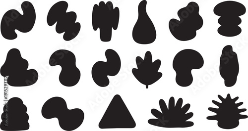 Collection of various abstract black shapes on white background