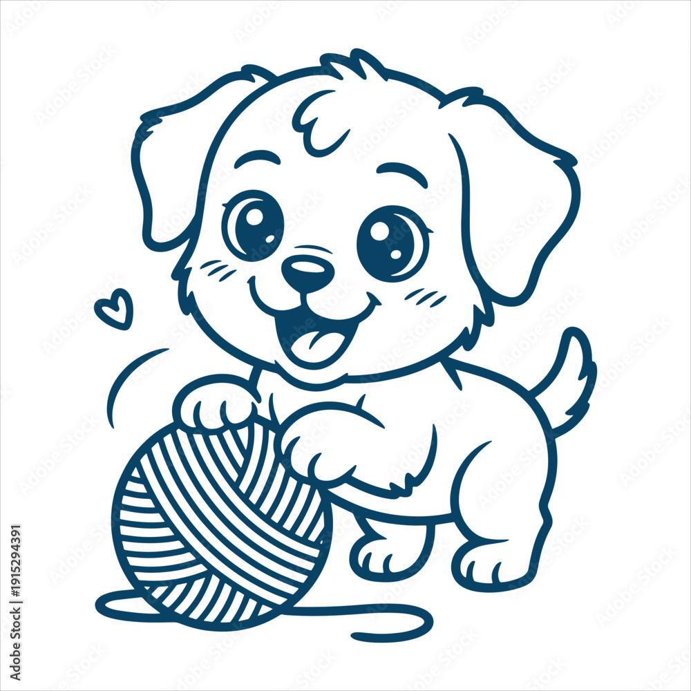 Fototapeta premium Cute Puppy Playing with Yarn Ball Cartoon Vector Illustration