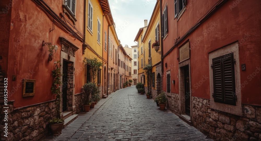 Fototapeta premium Authentic medieval street lined with a series of lively colorful houses