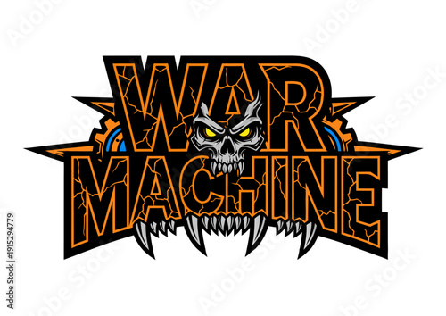 Menacing mechanical graphic featuring a fearsome skull, jagged text, and powerful gear elements
