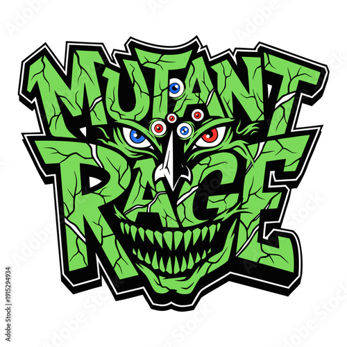 Mutant Rage Green Monster with Multiple Eyes and Scary Grin Illustration