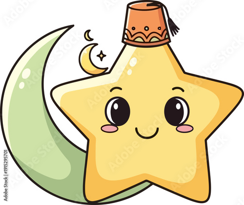 Adorable yellow star character wearing a traditional fez hat next to a crescent moon