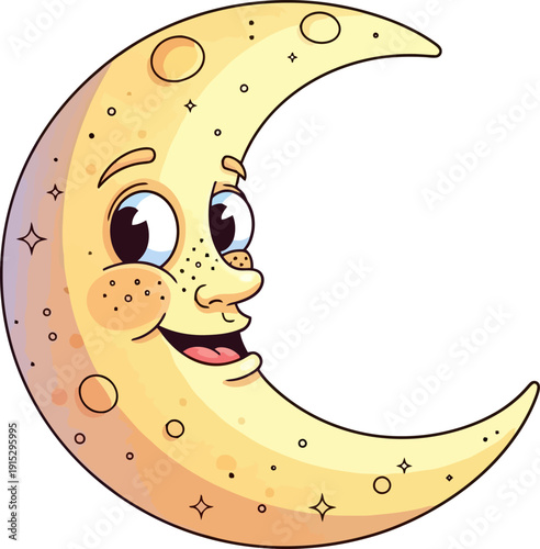 Classic crescent moon character with a smiling face and craters
