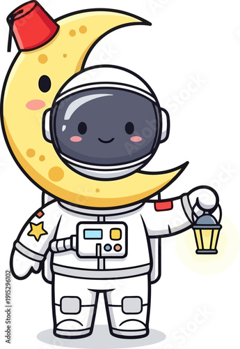 Cute astronaut character standing in front of a crescent moon holding a lantern