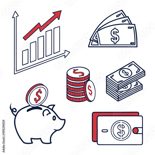 Finance set with piggy bank coins dollars graph monitoring system