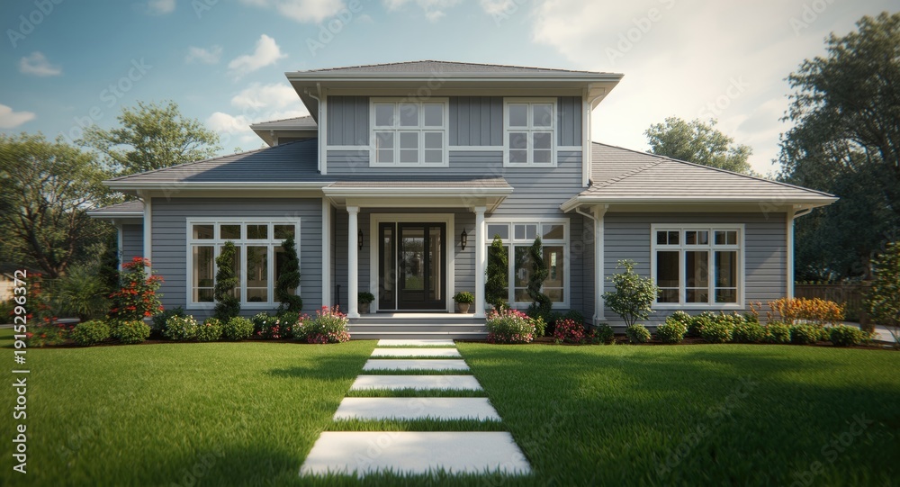 Fototapeta premium Stylish two story home exterior with sleek grey siding and a well kept front yard