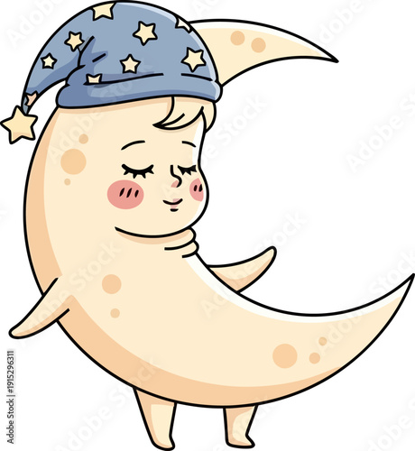 Drowsy crescent moon character in starry blue sleeping cap