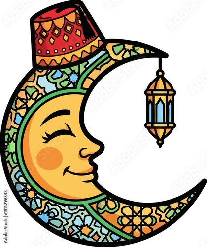 Decorative crescent moon with islamic patterns and red fez