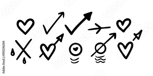 Hand drawn hearts and arrows mix black