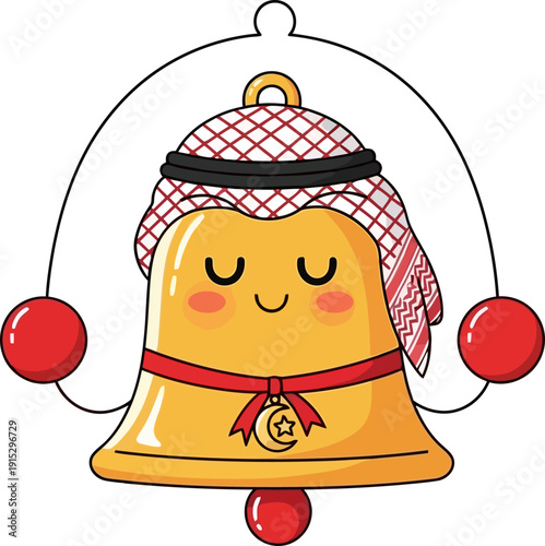 Golden bell character wearing a traditional red and white keffiyeh