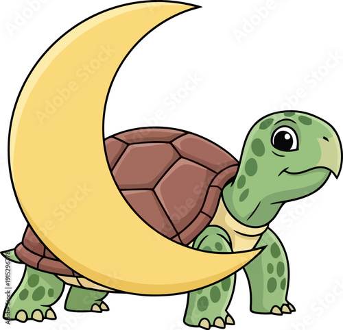 Green turtle walking with a yellow crescent moon on its back