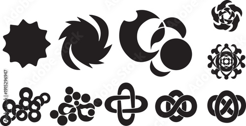 Geometric shapes and symbols in black on white background
