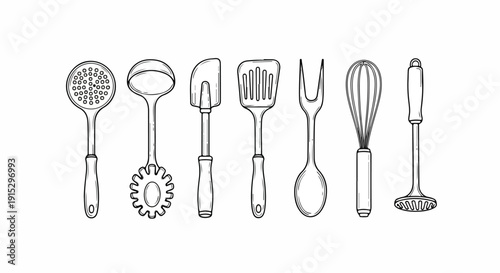 Foto Assorted kitchen utensils including graters, spoons, and whisks Vector