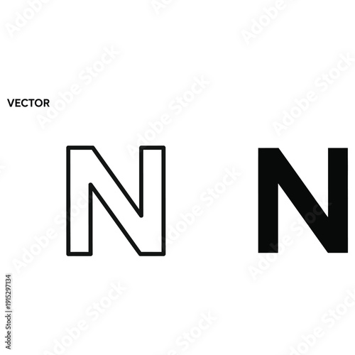 Letter N Symbol Duo: Outline Style and Solid Black Form, Modern Typography for Design and Branding