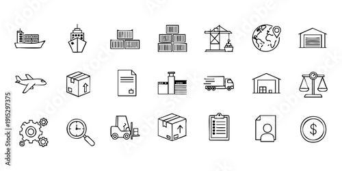 Collection of Logistics and Shipping Icons Representing Various Stages of Goods Delivery and Management in a Simple Line Art Style