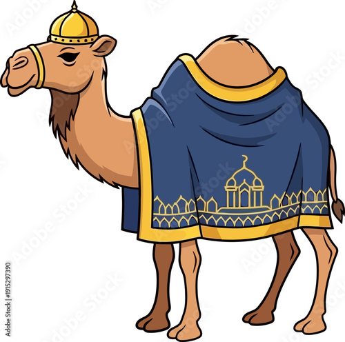 Regal camel wearing decorative blue blanket with mosque embroidery