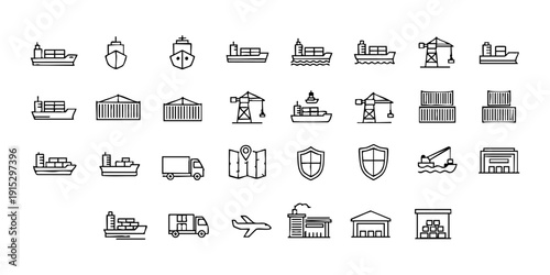 Collection of industrial icons representing various sectors and machinery in a simple line art style