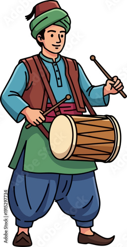Traditional drummer in green tunic and turban playing a large drum