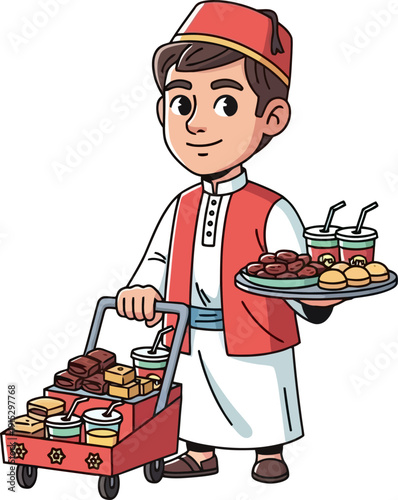 Traditional vendor pushing cart of sweets and dates