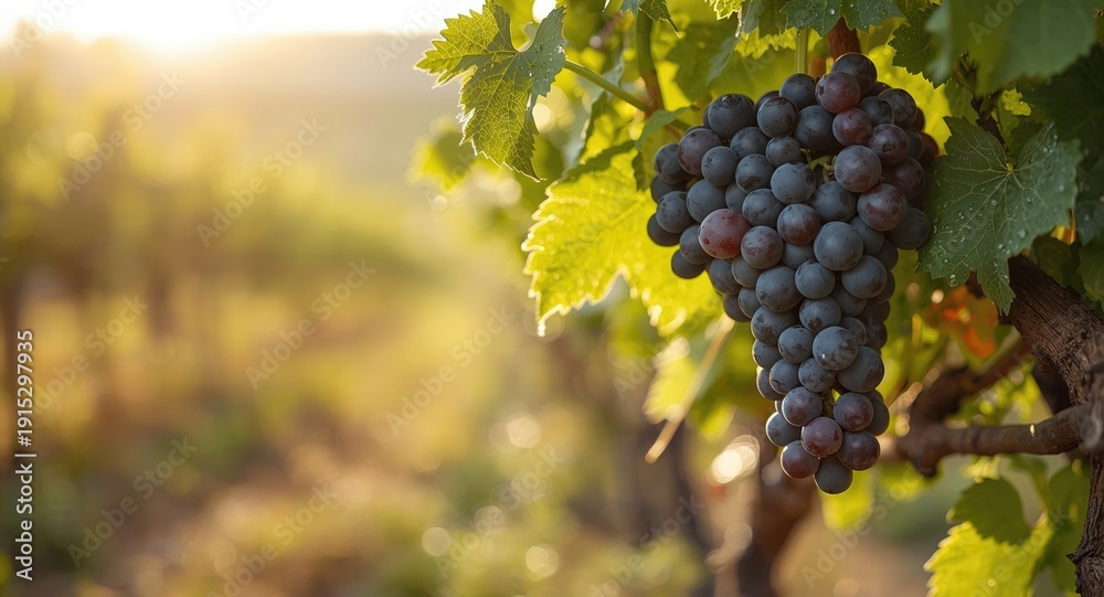 Fototapeta premium Vibrant grapes and green vine leaves during late growing season