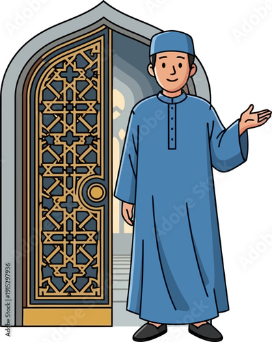 Welcoming man in blue thobe standing by an ornate islamic door