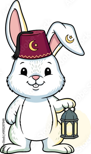 White rabbit wearing red fez and holding lantern