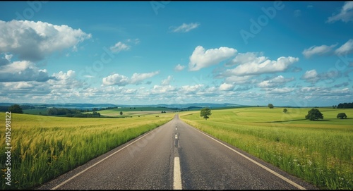 Vast green summer fields with a long road and gently rolling hills under blue skies