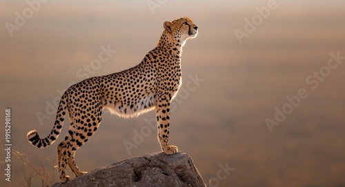 Focused cheetah scanning horizon from rocky outcrop
