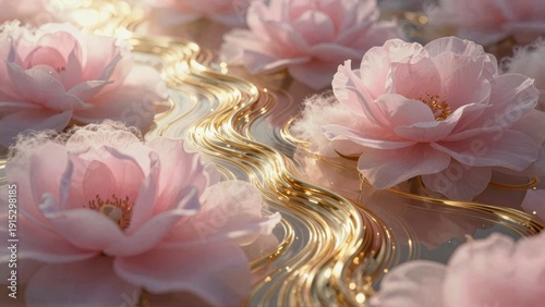 Pink flower petals with gold wire design on tabletop